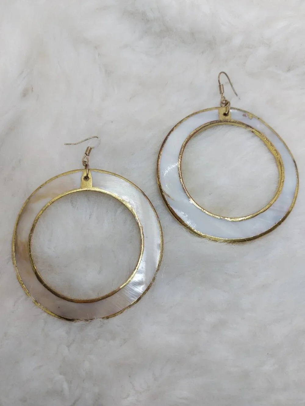 Vintage Mother of Pearl Large Hoop with Gold Rim Earrings - Picture 1 of 7